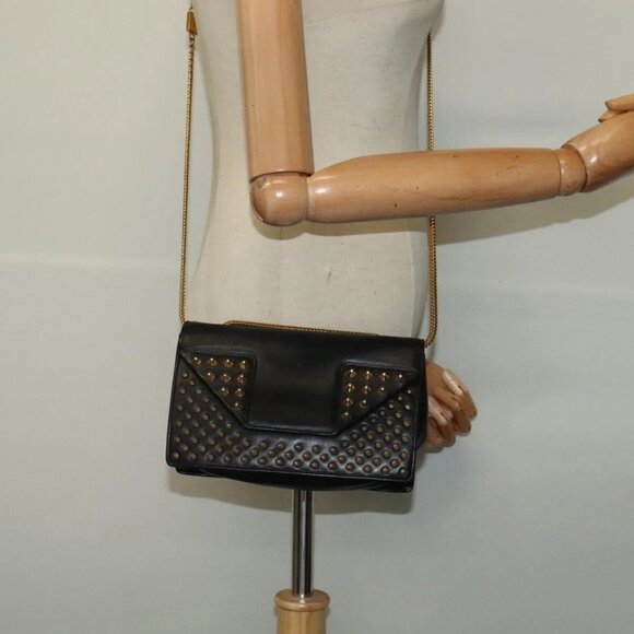SAINT LAURENT Studs Chain Shoulder Bag Leather Black Gold Auth bs29263 - Picture 1 of 16